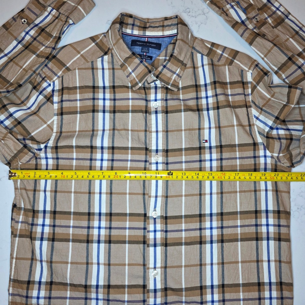 Tommy Hilfiger Plaid Button Down Shirt Mens Large Brown Slim Fit 78J7391 - Picture 4 of 8